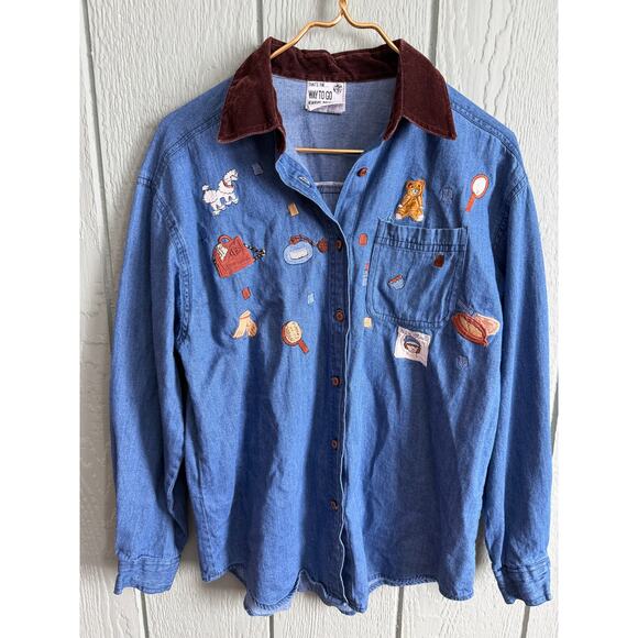 Vintage Embroidered Denim Shirt Women’s Large – Velvet Collar – 90s Cottagecore - Picture 1 of 6